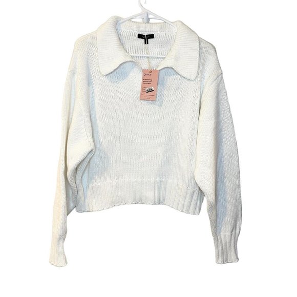 Quince Sweaters - Quince Organic Cotton Polo Sweater Ivory Long Sleeve Cropped Size L NEW